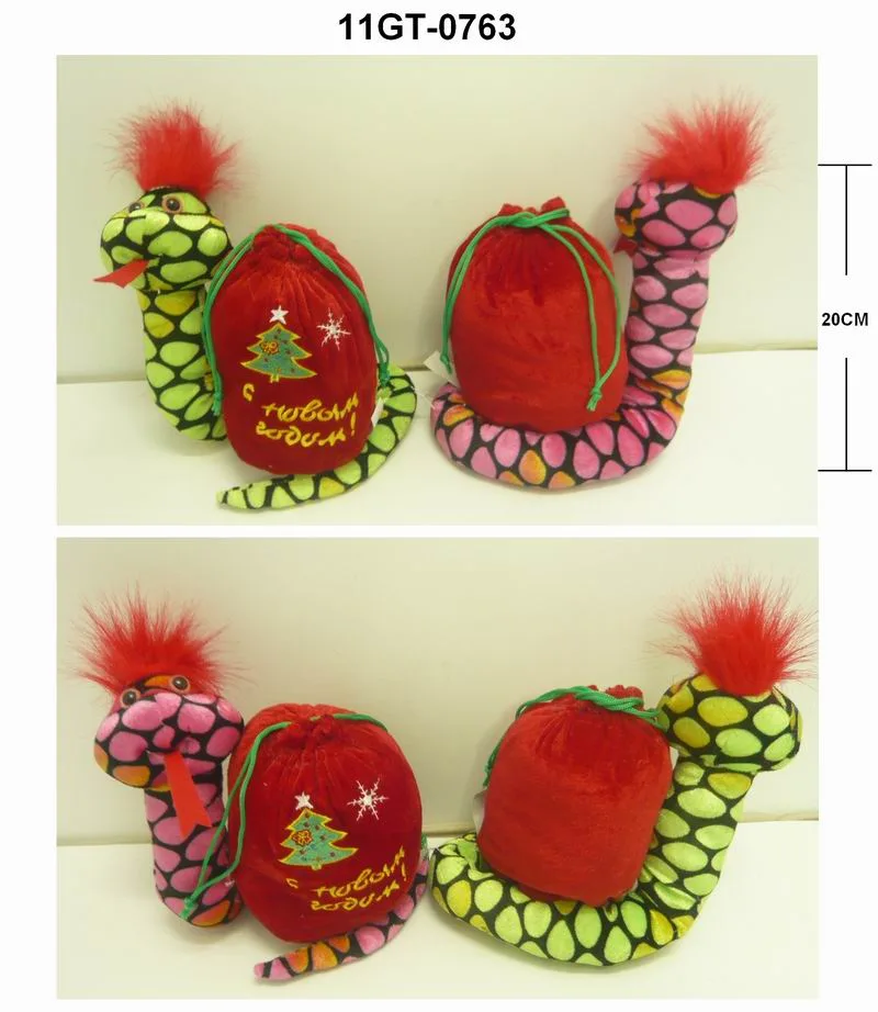 Wholesale Custom Red Fleece Soft Plush Gift Kids Stuffed Toys Child Green Animal Snake with Candy Bag for X-Mas 20cm Christmas Festival Bags